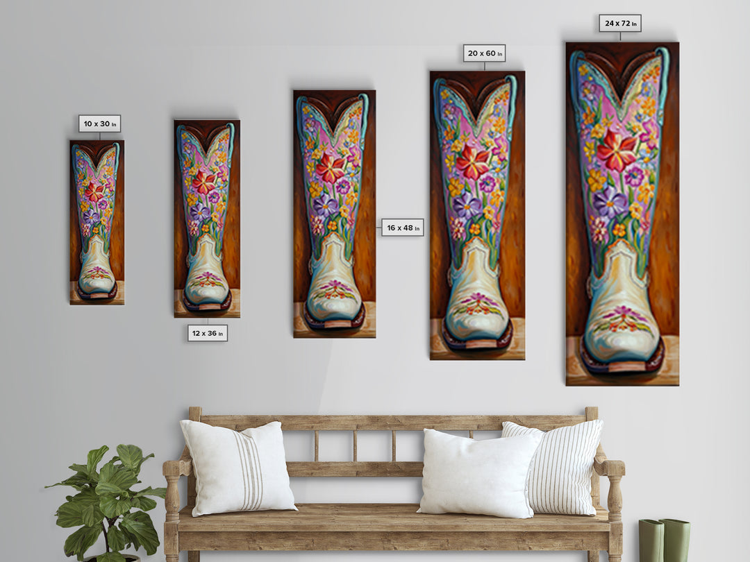 Turquoise Floral Cowboy Boot Framed Canvas Print, Western Cowgirl Wall Art, Boho Rodeo Decor, Southwestern Living Room Art