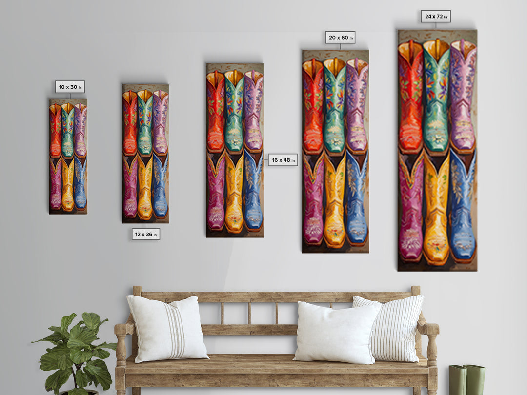Bright Embroidered Western Boots Framed Canvas Print, Cowgirl Wall Art, Rodeo Decor, Boho Farmhouse Living Room Home Decor Gift