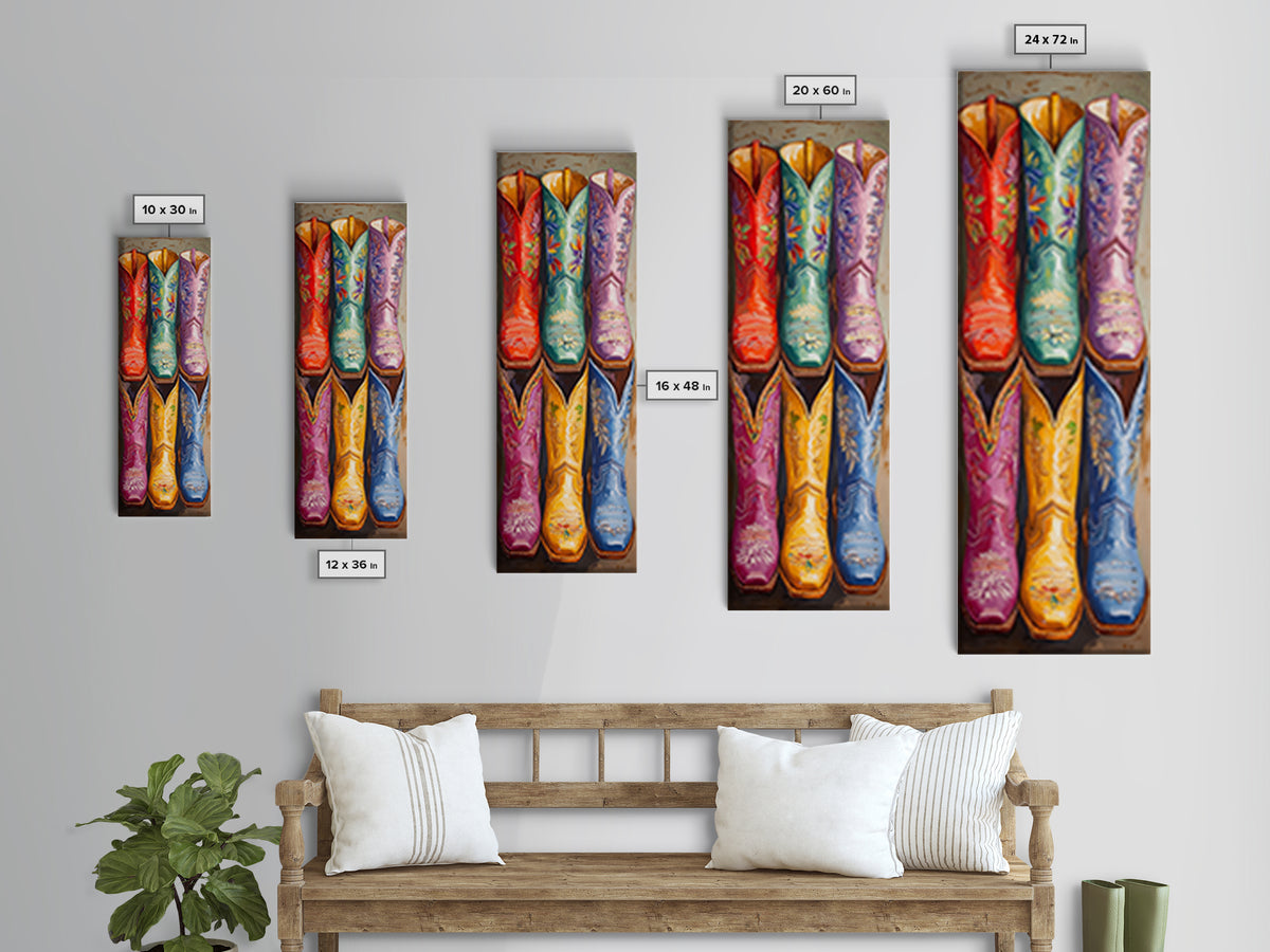 Bright Embroidered Western Boots Framed Canvas Print, Cowgirl Wall Art, Rodeo Decor, Boho Farmhouse Living Room Home Decor Gift