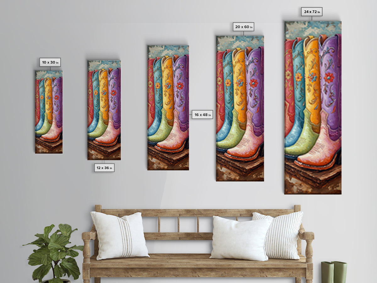 Bright Embroidered Cowboy Boots Painting, Western Canvas Print, Cowgirl Wall Decor, Boho Ranch Home Decor, Gift For Her, Art Print