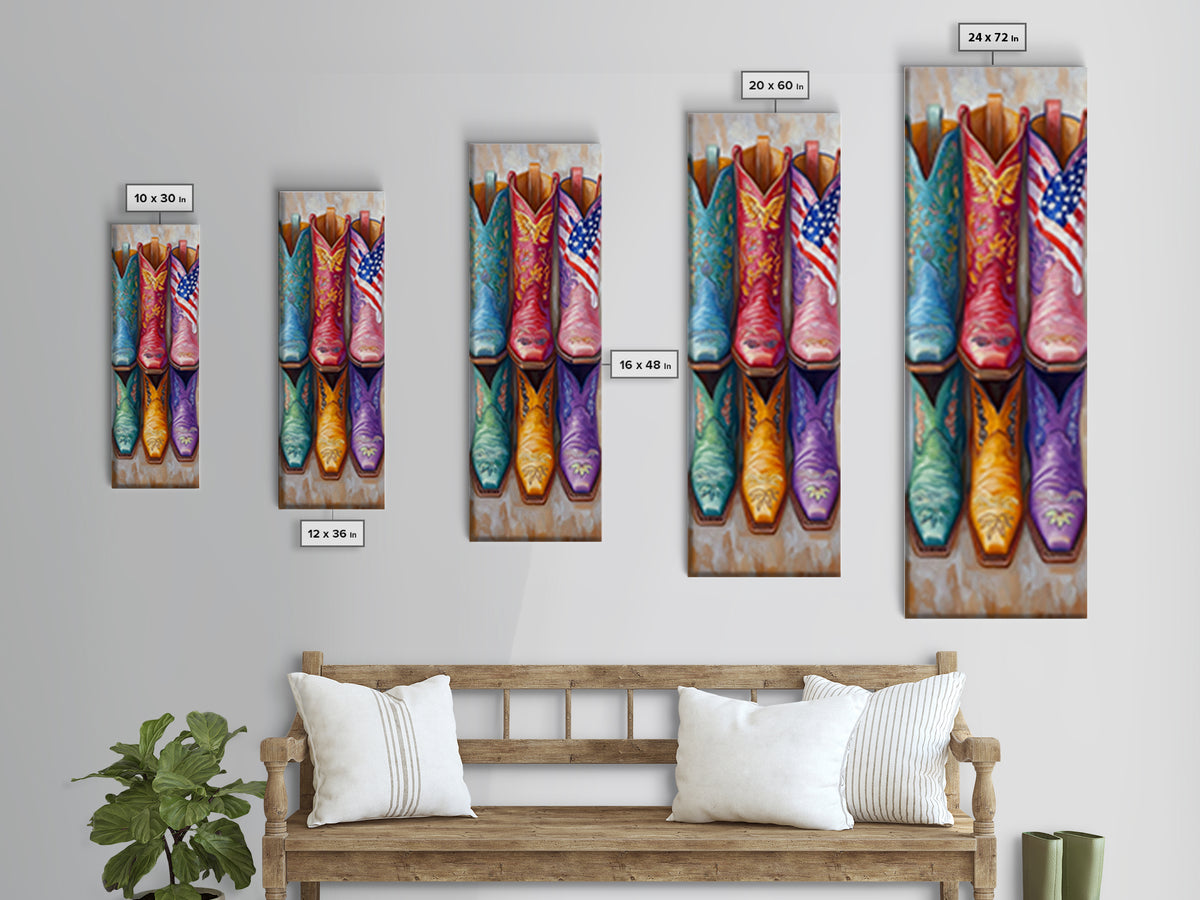 Patriotic Colorful Cowboy Boots Wall Art, Western Cowgirl Decor, Americana Canvas Print, Rustic Ranch Housewarming Gift Idea