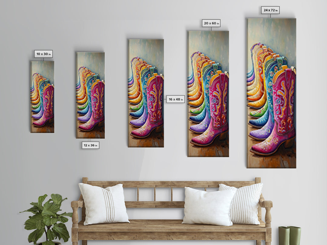 Rainbow Row Of Floral Cowboy Boots Framed Canvas Print, Western Cowgirl Wall Art, Maximalist Ranch Home Decor, Gift For Her