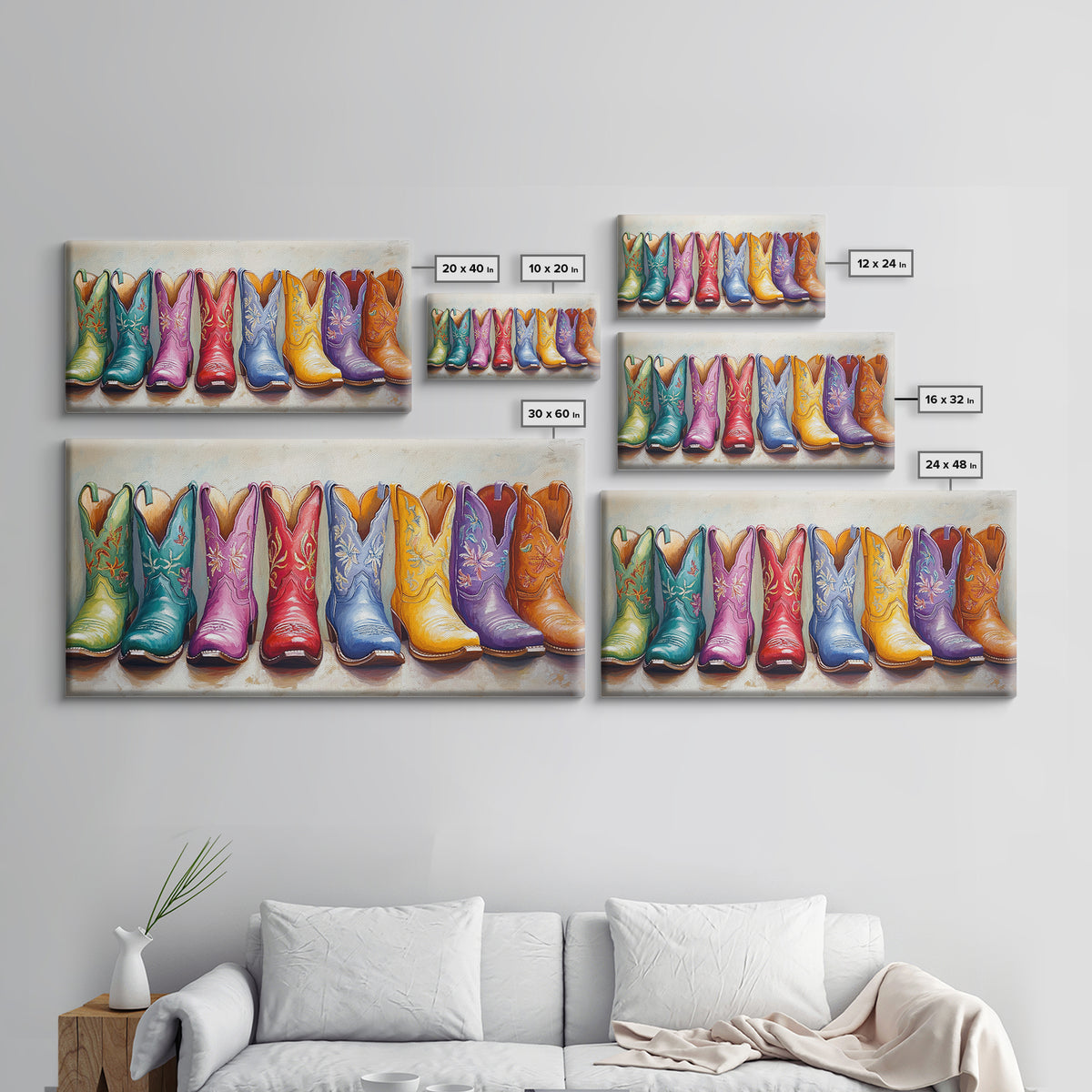 Bright Embroidered Cowboy Boots Wall Art, Western Cowgirl Canvas Print For Boho Bedroom Decor And Rustic Ranch Home Decor