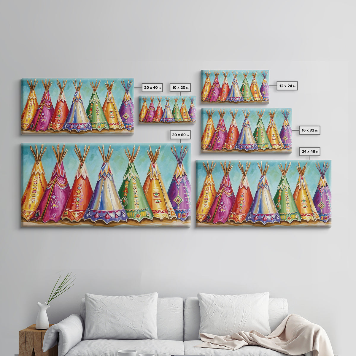 Colorful Painted Teepees Wall Art, Southwestern Nursery Decor, Native Inspired Western Canvas, Boho Kids Room Housewarming Gift