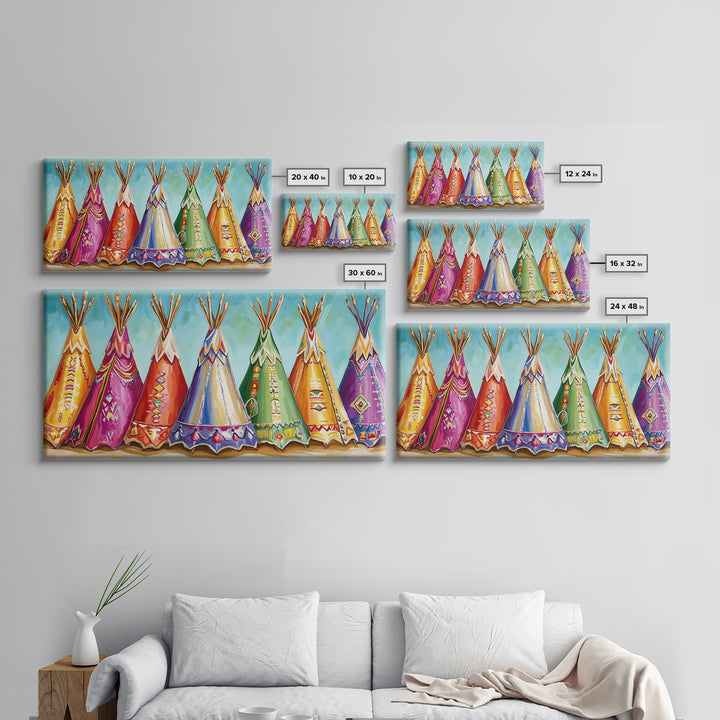 Colorful Painted Teepees Wall Art, Southwestern Nursery Decor, Native Inspired Western Canvas, Boho Kids Room Housewarming Gift