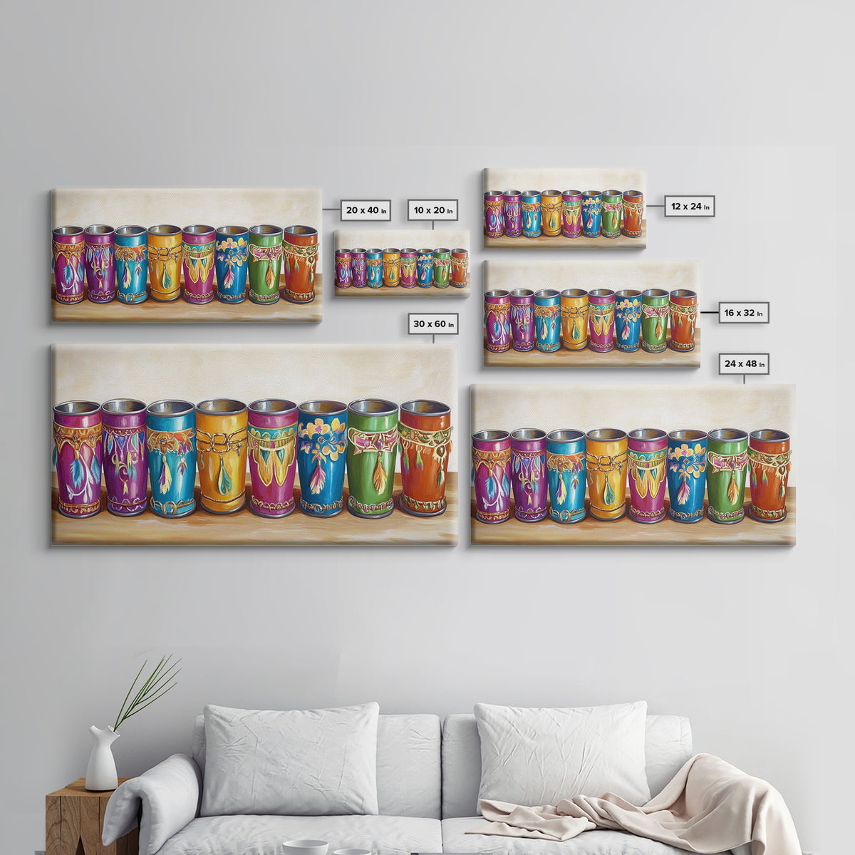 Boho Southwestern Painted Tin Cups Wall Art, Colorful Western Kitchen Decor, Rustic Ranch Canvas Art, Unique Housewarming Gift