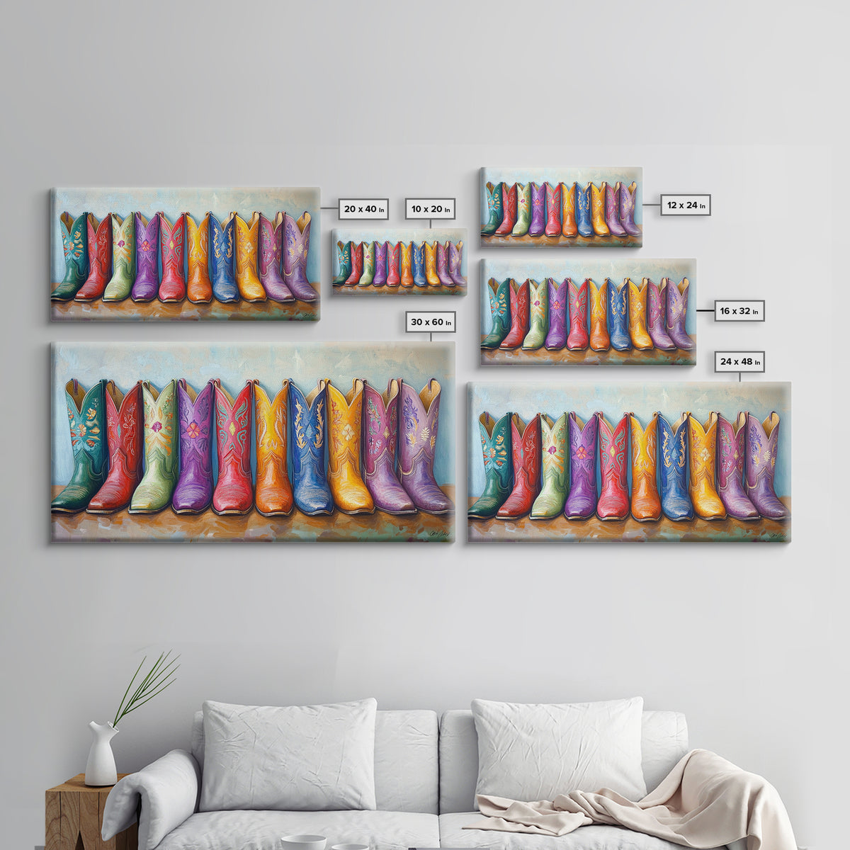 Colorful Row Of Western Cowgirl Boots Canvas Print, Embroidered Cowboy Wall Decor, Boho Ranch Living Room Housewarming Gift