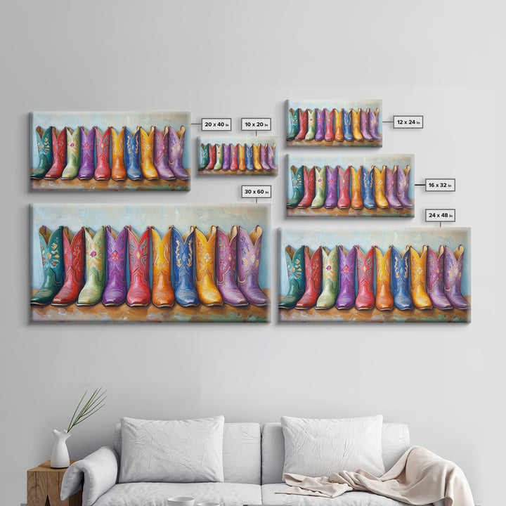 Colorful Row Of Western Cowgirl Boots Canvas Print, Embroidered Cowboy Wall Decor, Boho Ranch Living Room Housewarming Gift