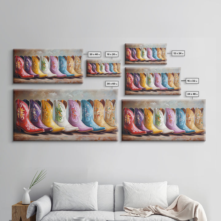 Glossy Colorful Cowgirl Boots Wall Art, Western Home Decor, Rustic Farmhouse Canvas Print, Statement Living Room Art Gift