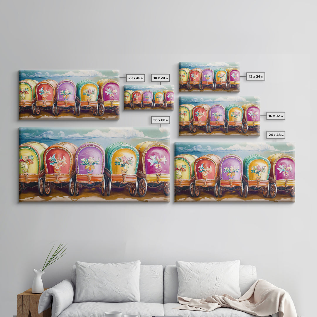 Colorful Painted Gypsy Wagon Framed Canvas Print, Western Wall Art, Boho Cowgirl Decor, Rustic Farmhouse Living Room Gift