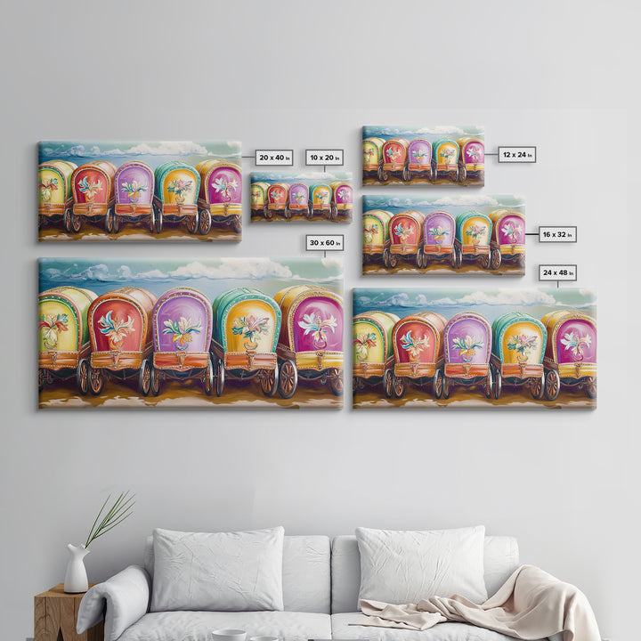 Colorful Painted Gypsy Wagon Framed Canvas Print, Western Wall Art, Boho Cowgirl Decor, Rustic Farmhouse Living Room Gift