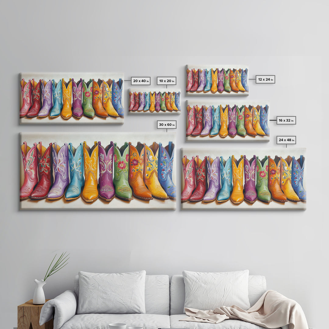 Vibrant Embroidered Cowboy Boots Wall Art, Western Cowgirl Decor, Rustic Farmhouse Canvas Print, Colorful Living Room Art