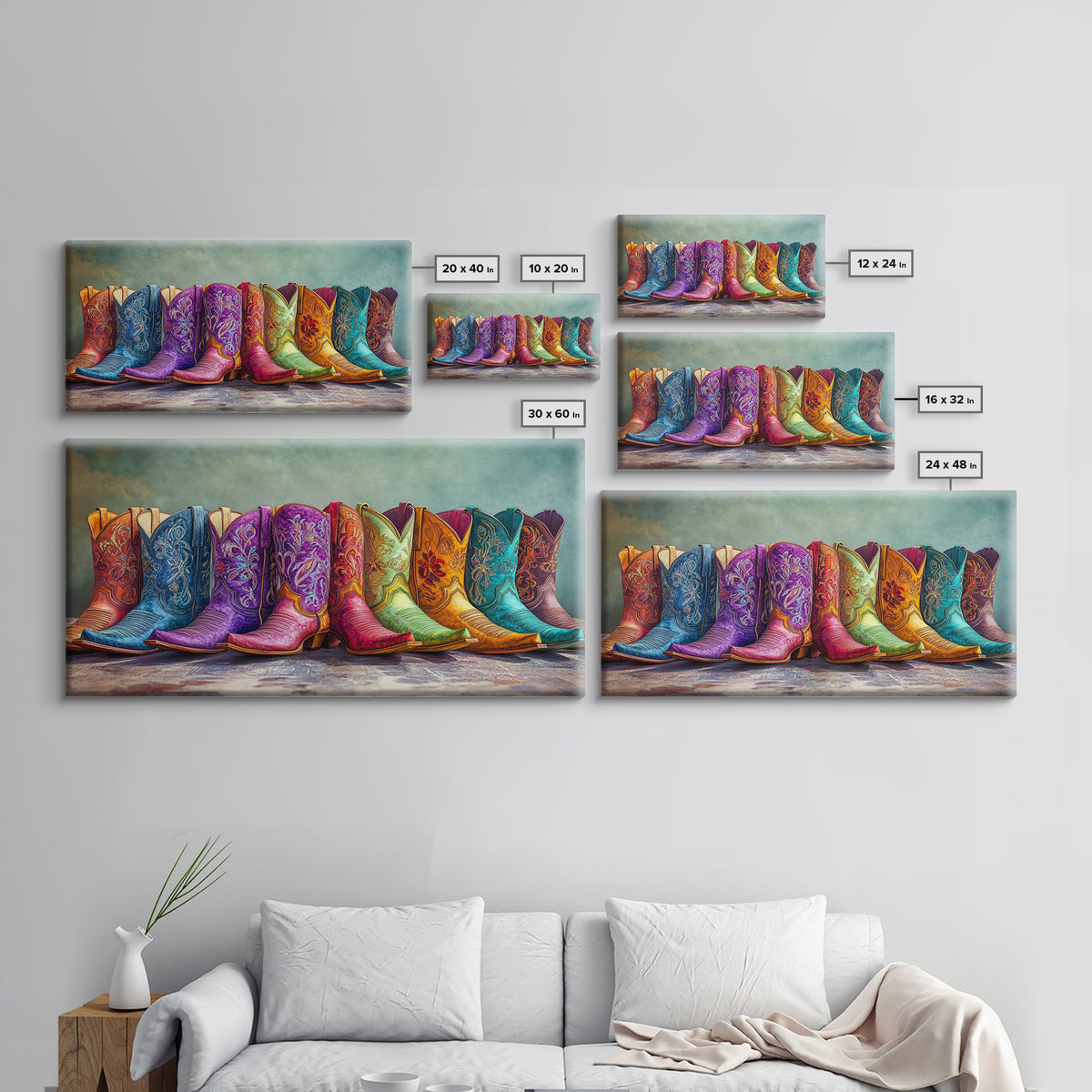 Bold Embroidered Cowboy Boots Canvas Print, Western Cowgirl Wall Art, Colorful Rustic Farmhouse Decor, Statement Living Room Art