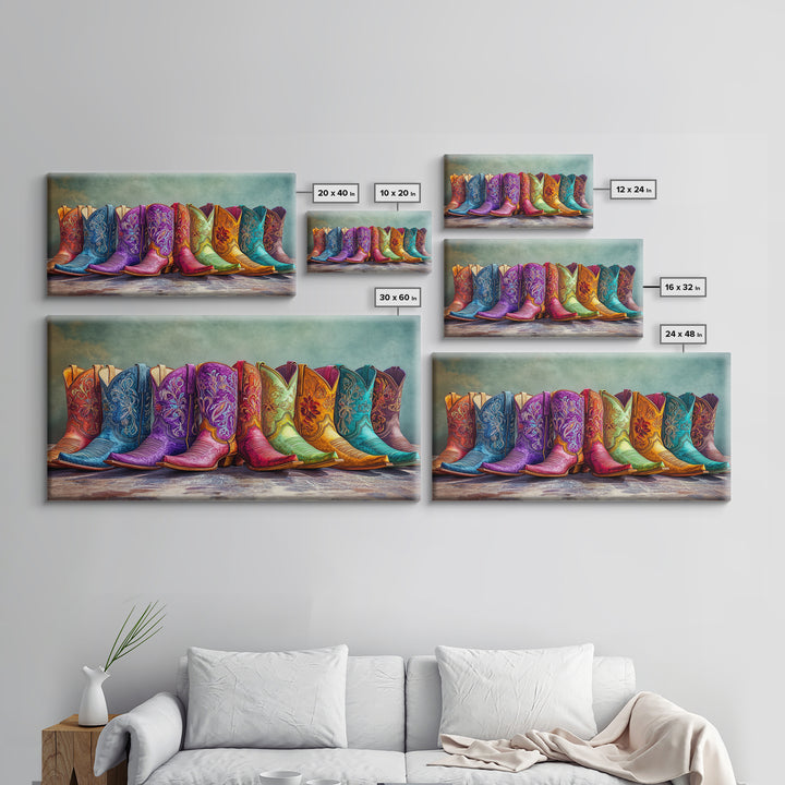 Bold Embroidered Cowboy Boots Canvas Print, Western Cowgirl Wall Art, Colorful Rustic Farmhouse Decor, Statement Living Room Art