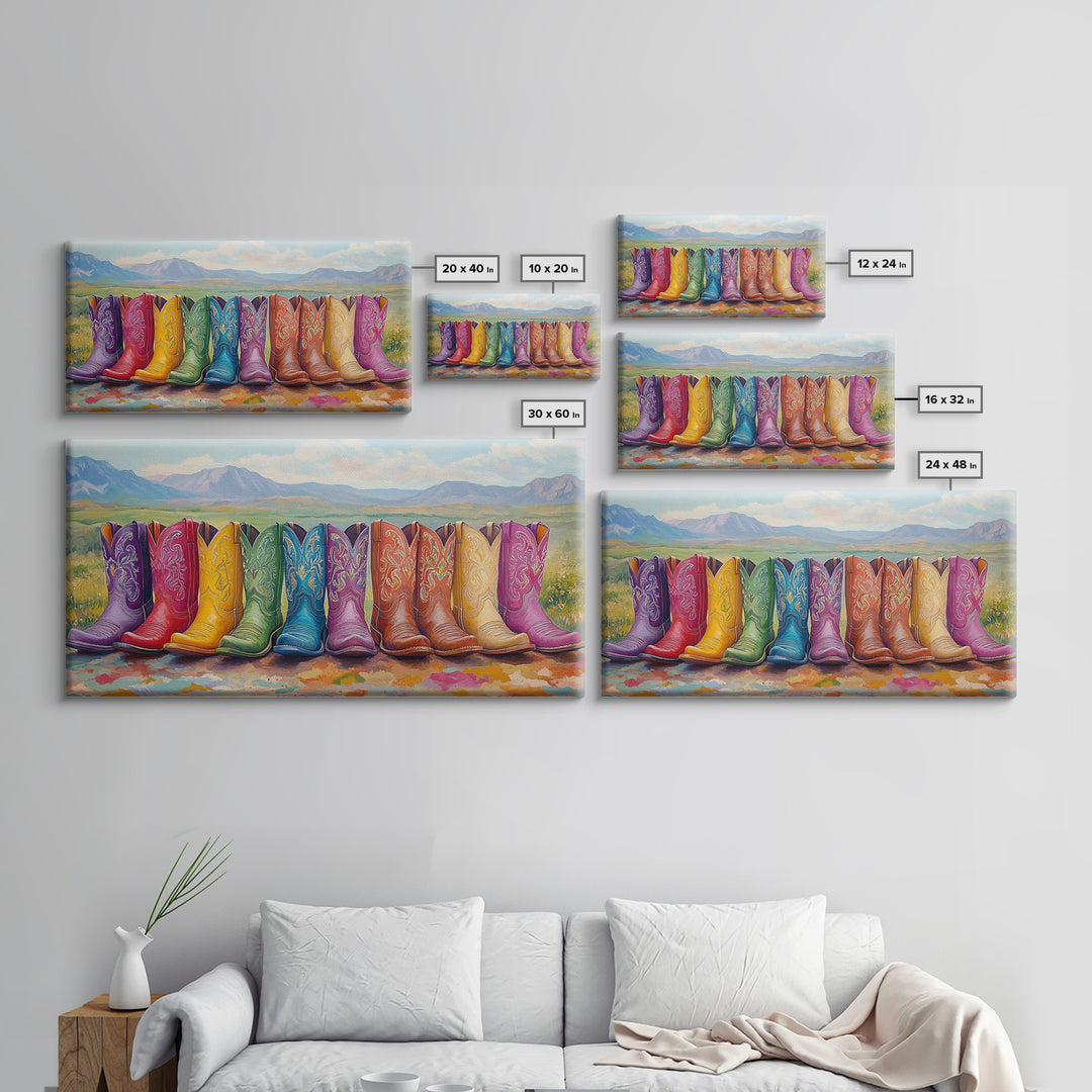 Rainbow Cowboy Boots With Mountain Meadow View Framed Canvas Print, Western Landscape Wall Art, Rustic Farmhouse Decor Gift