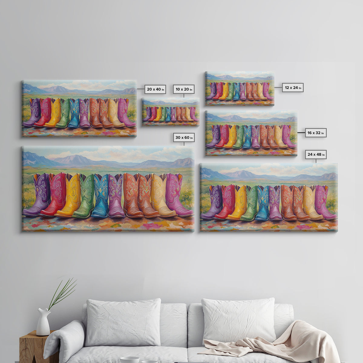 Rainbow Cowboy Boots With Mountain Meadow View Framed Canvas Print, Western Landscape Wall Art, Rustic Farmhouse Decor Gift