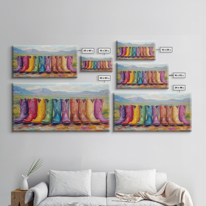 Rainbow Cowboy Boots With Mountain Meadow View Framed Canvas Print, Western Landscape Wall Art, Rustic Farmhouse Decor Gift