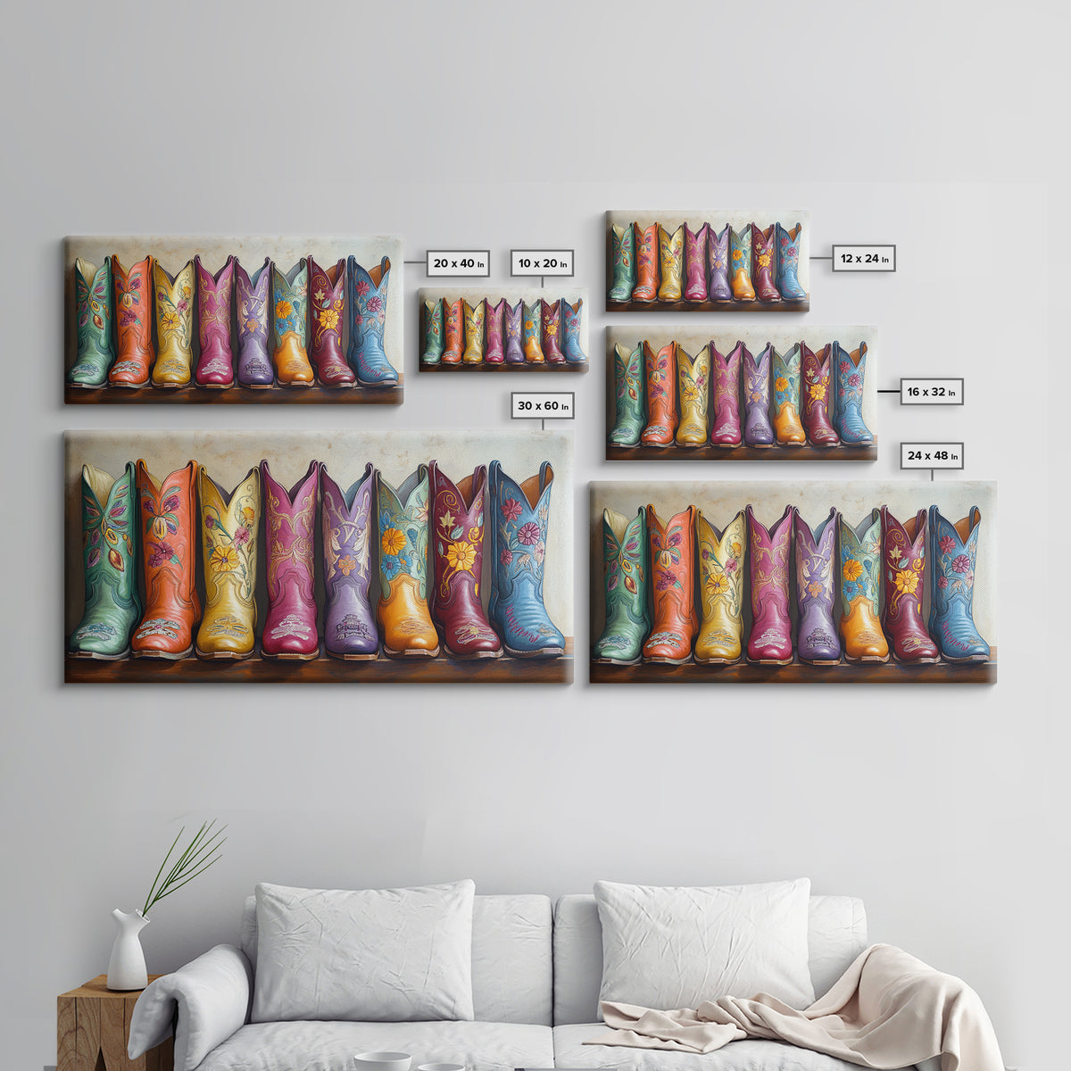 Pastel Floral Western Boots With Golden Embroidery Canvas Print, Cowgirl Wall Art, Boho Western Decor, Girls Room Decor Gift