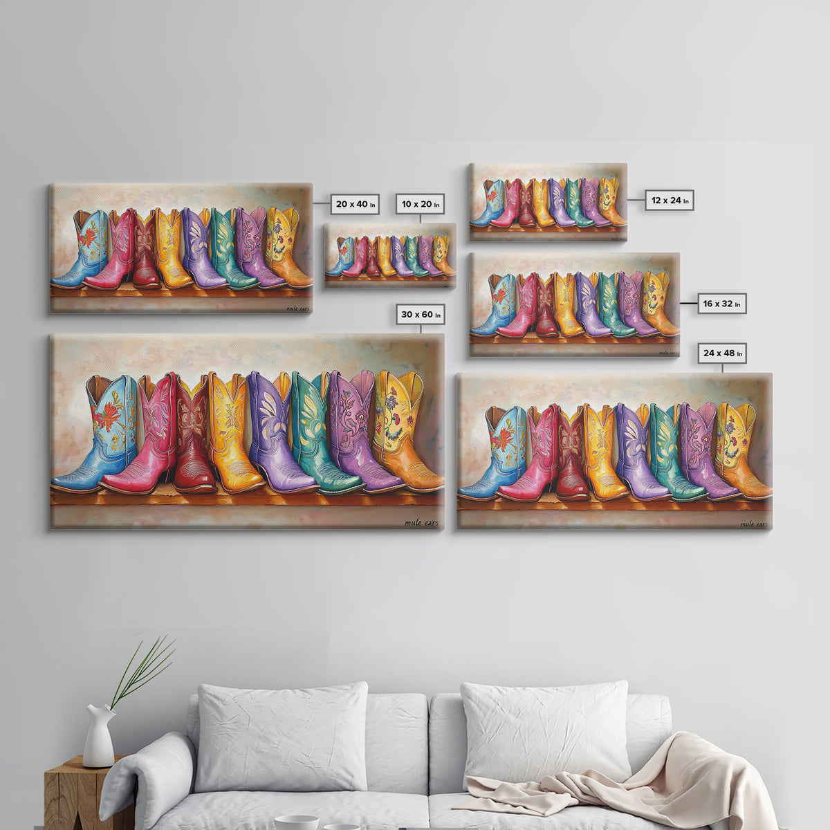 Playful Floral Cowgirl Boots In Pink Blue Orange Canvas Print, Western Wall Art, Boho Cowgirl Decor, Gift For Her, Living Room Decor