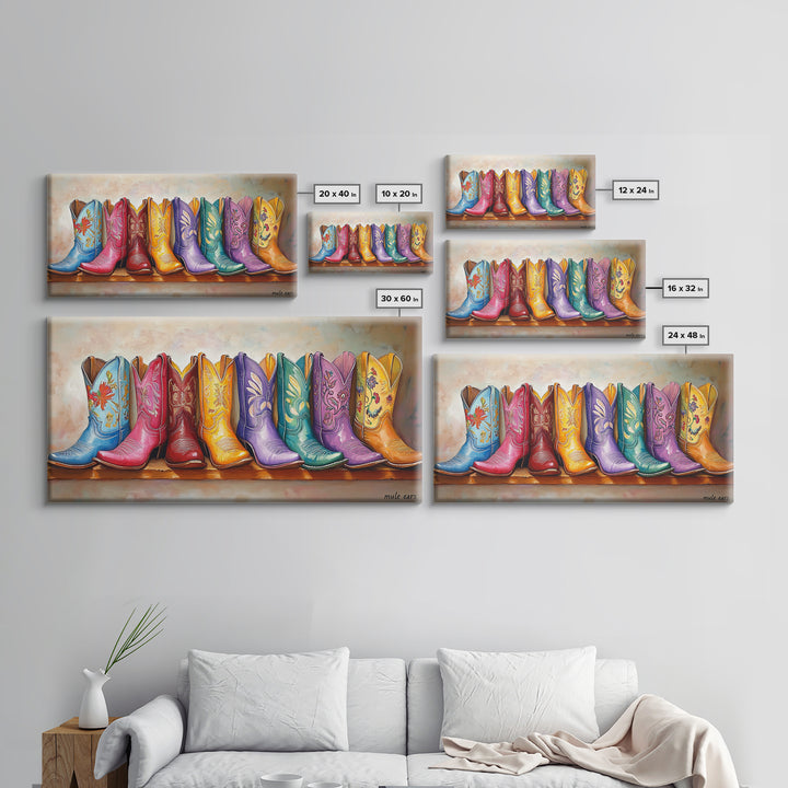 Playful Floral Cowgirl Boots In Pink Blue Orange Canvas Print, Western Wall Art, Boho Cowgirl Decor, Gift For Her, Living Room Decor