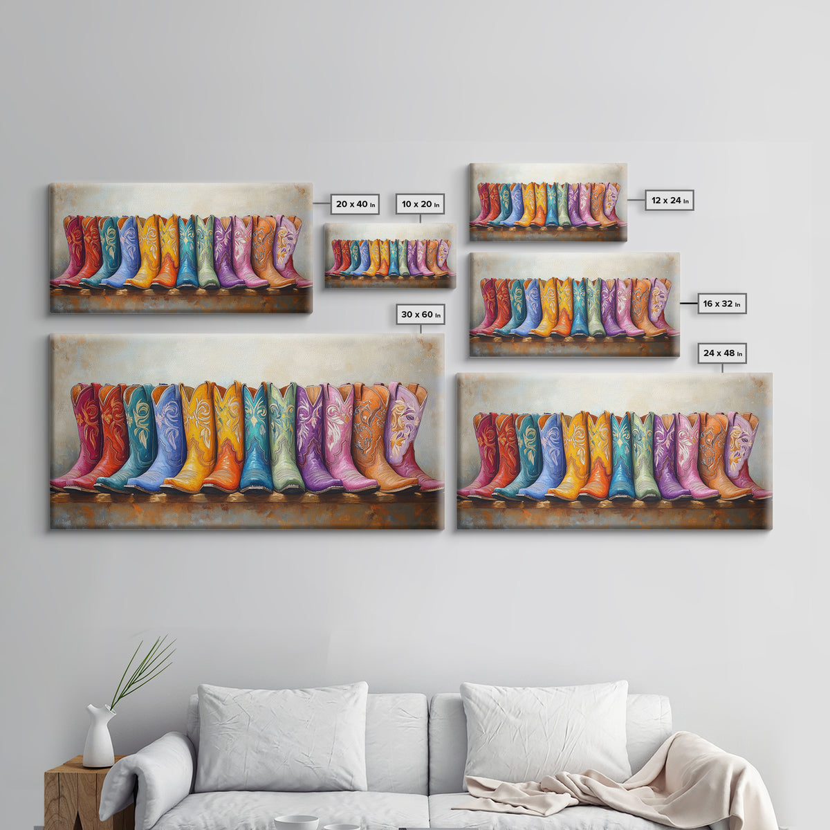 Boho Rainbow Western Boots On Rustic Ledge Framed Canvas Print, Cowgirl Wall Art, Colorful Wall Decor, Housewarming Gift
