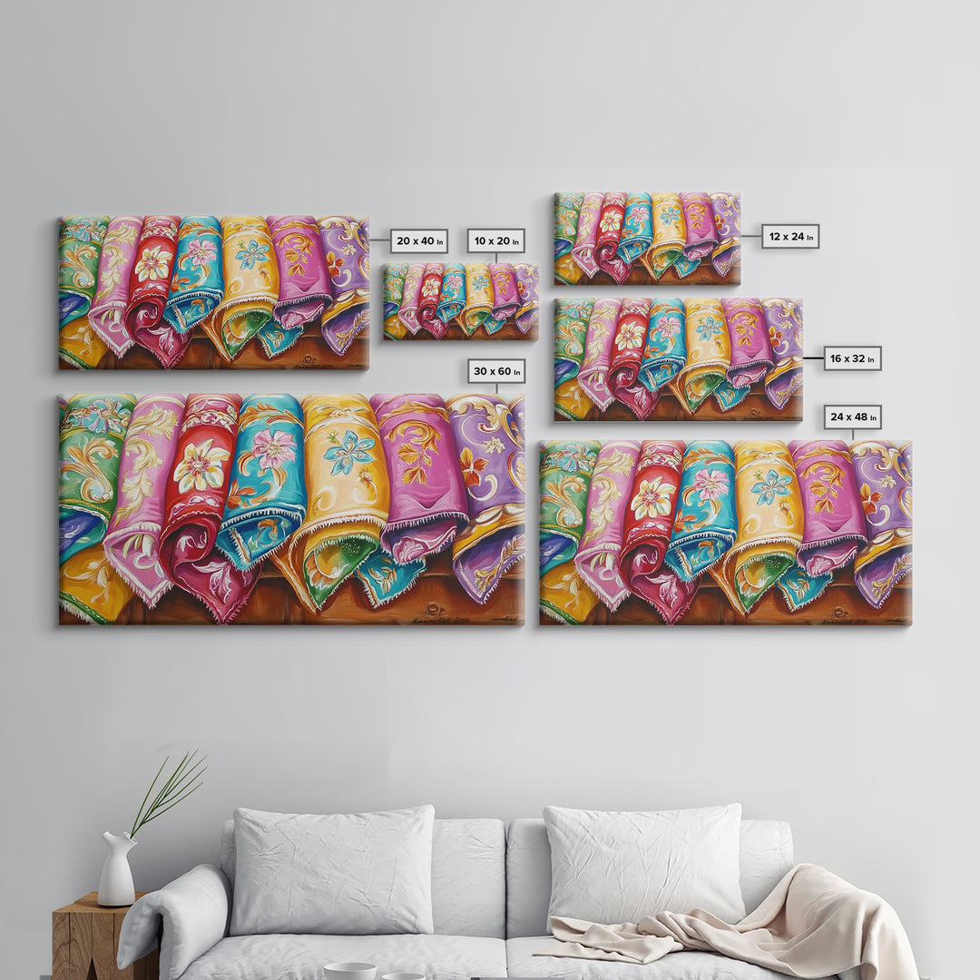 Rolled Embroidered Western Blankets Canvas Print, Colorful Cowgirl Wall Decor, Boho Ranch Living Room Art, Housewarming Gift