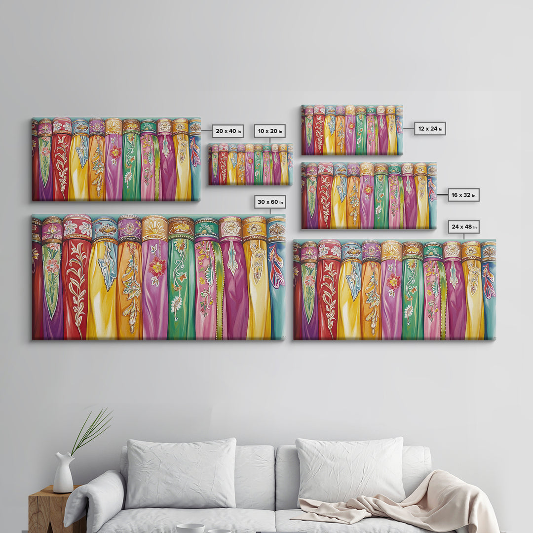 Vibrant Embroidered Textile Wall Art, Boho Western Scarf Canvas Print, Maximalist Decor, Cowgirl Home Decor For Living Room