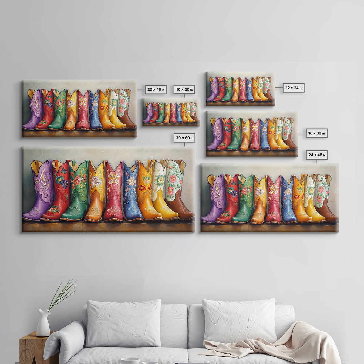 Bright Embroidered Western Boots Framed Canvas Print, Cowgirl Wall Art, Rustic Ranch Decor, Colorful Country Housewarming Gift