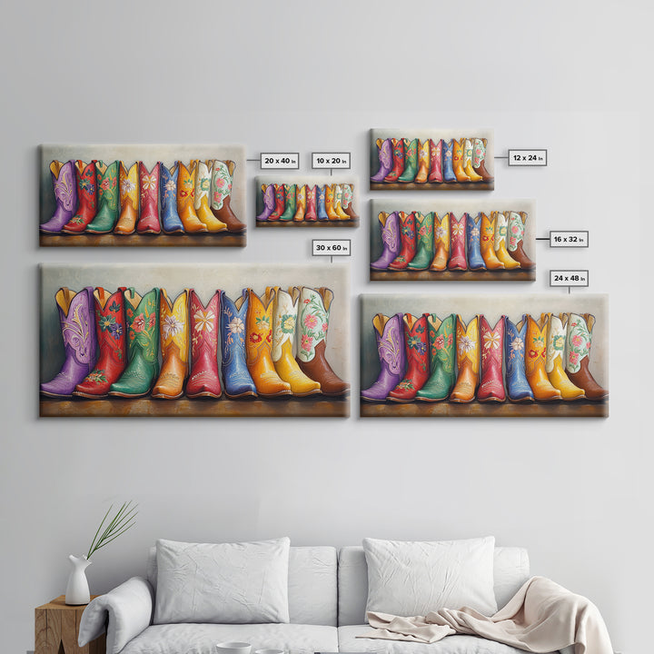 Bright Embroidered Western Boots Framed Canvas Print, Cowgirl Wall Art, Rustic Ranch Decor, Colorful Country Housewarming Gift