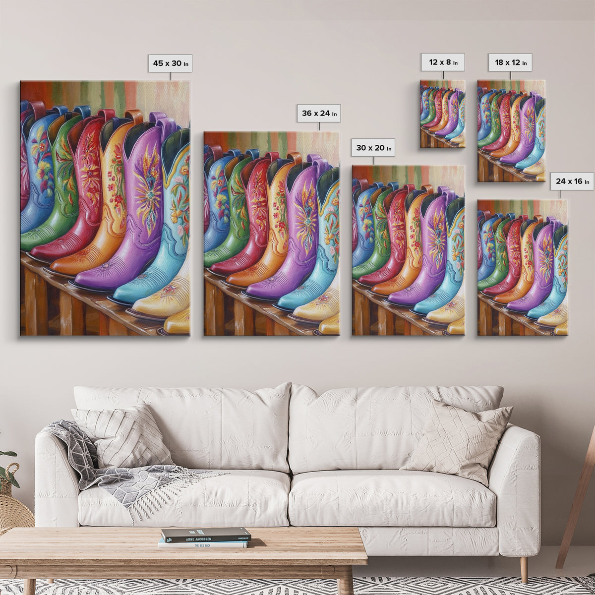 Bright Embroidered Cowboy Boots Wall Art, Western Cowgirl Canvas Print, Colorful Living Room Decor, Rustic Bedroom Wall Art