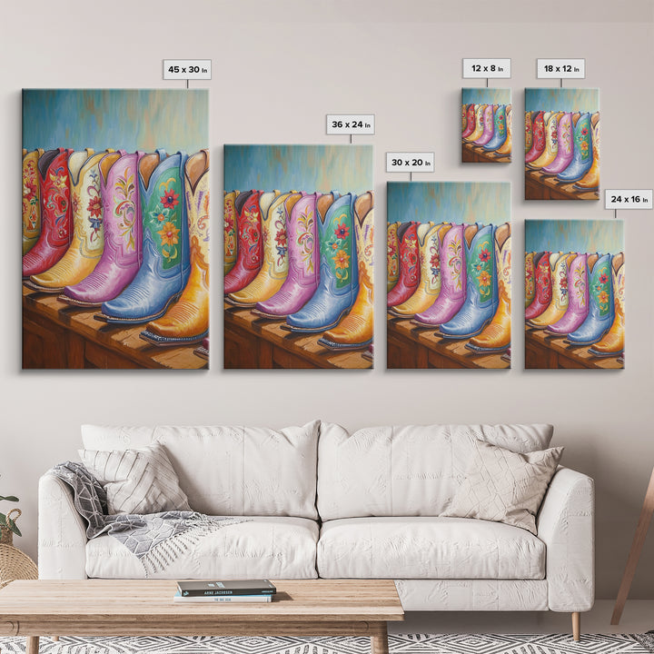 Pastel Blue Pink And Red Cowboy Boots Wall Art, Floral Western Decor, Cowgirl Ranch Canvas Art Print, Living Room Decor Gift