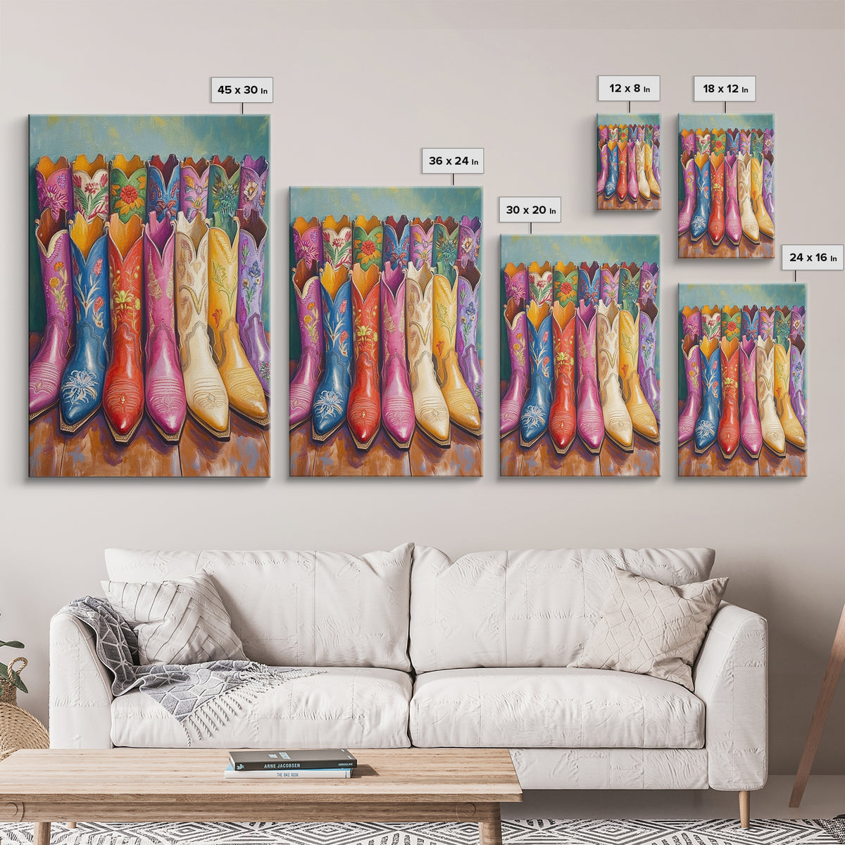 Front Facing Pink Blue Red And Cream Cowgirl Boots Framed Canvas Print, Western Wall Art, Maximalist Decor, Gift For Her