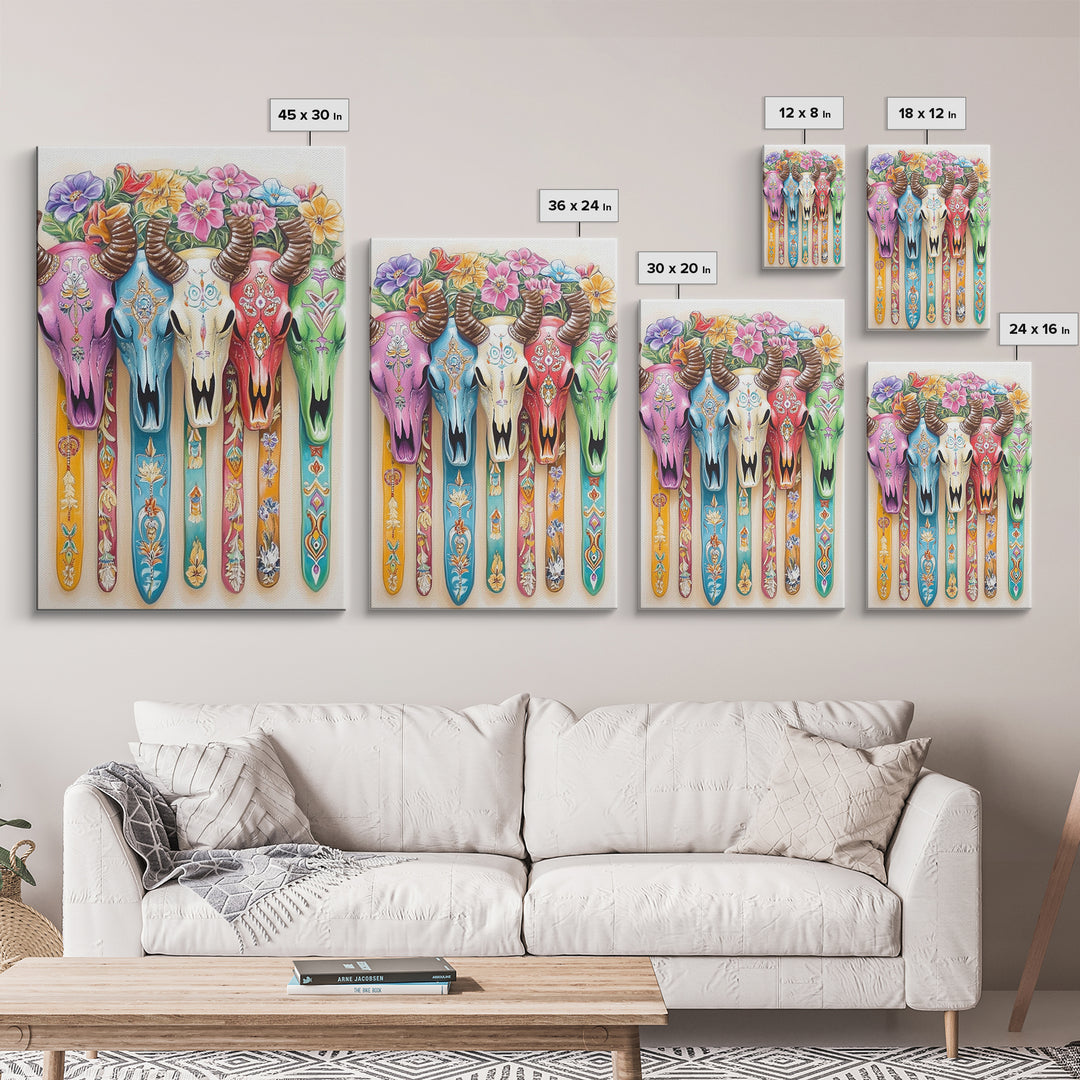 Floral Painted Cow Skulls Canvas Print, Western Wall Art, Southwestern Decor, Cowgirl Art, Boho Wall Decor, Gift For Her