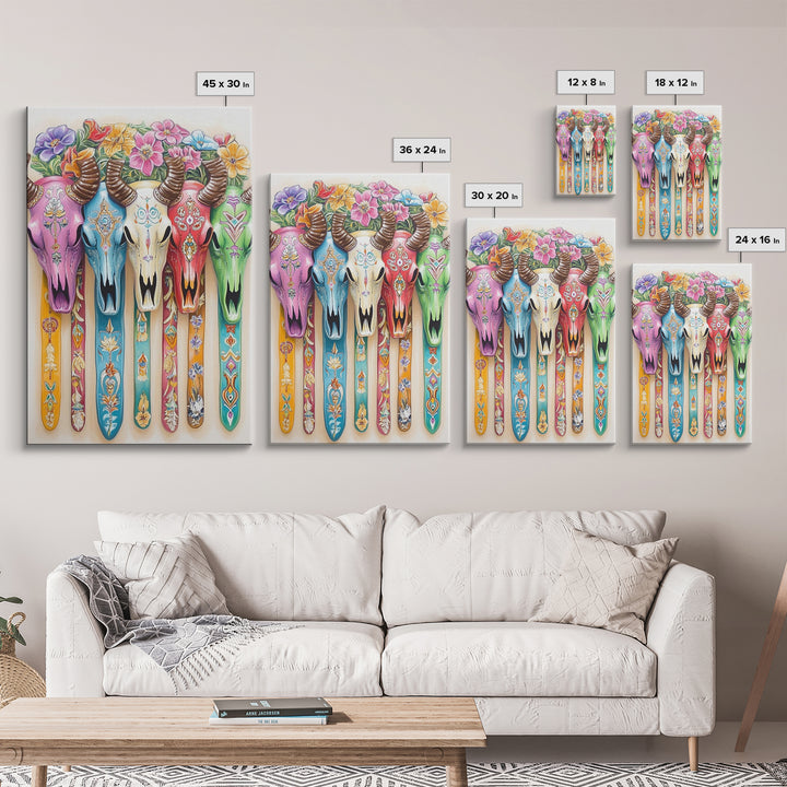 Floral Painted Cow Skulls Canvas Print, Western Wall Art, Southwestern Decor, Cowgirl Art, Boho Wall Decor, Gift For Her