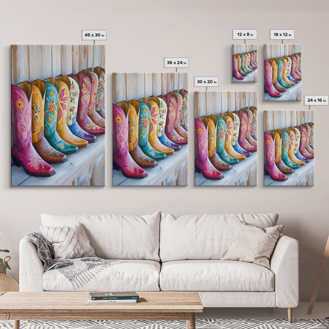 Rustic Row Of Painted Cowgirl Boots Wall Art, Western Floral Canvas Print, Southwestern Ranch Decor, Housewarming Gift For Her