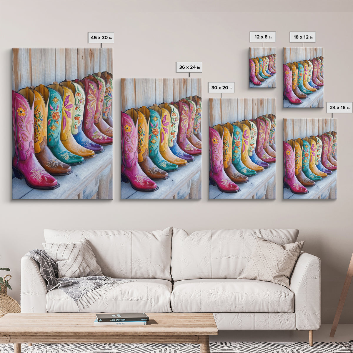 Rustic Row Of Painted Cowgirl Boots Wall Art, Western Floral Canvas Print, Southwestern Ranch Decor, Housewarming Gift For Her