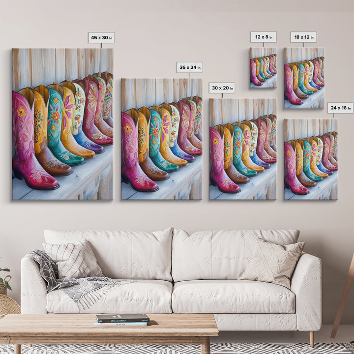 Rustic Row Of Painted Cowgirl Boots Wall Art, Western Floral Canvas Print, Southwestern Ranch Decor, Housewarming Gift For Her