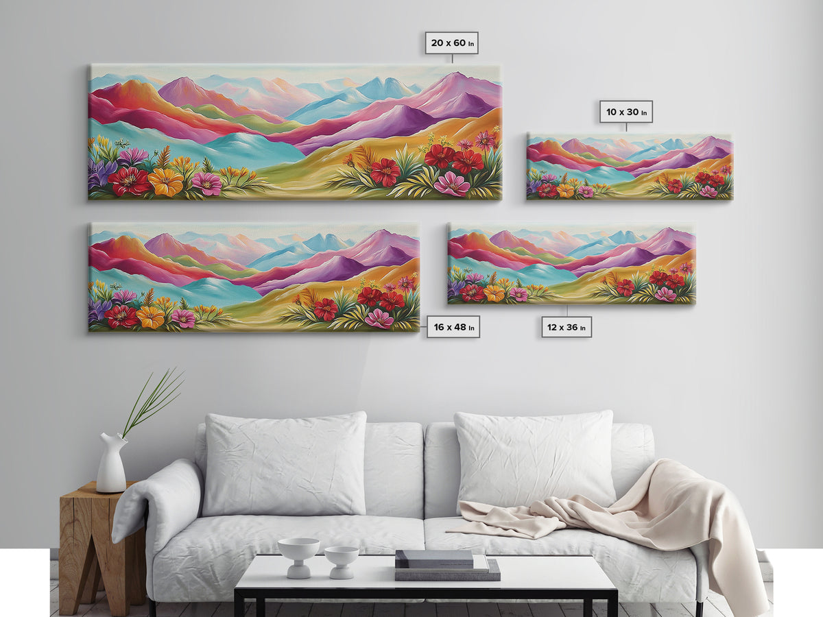 Vibrant Rainbow Mountains With Desert Flowers Wall Art, Abstract Landscape, Colorful Wall Art, Southwestern Decor, Large Canvas Print