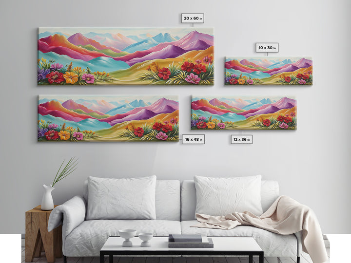 Vibrant Rainbow Mountains With Desert Flowers Wall Art, Abstract Landscape, Colorful Wall Art, Southwestern Decor, Large Canvas Print