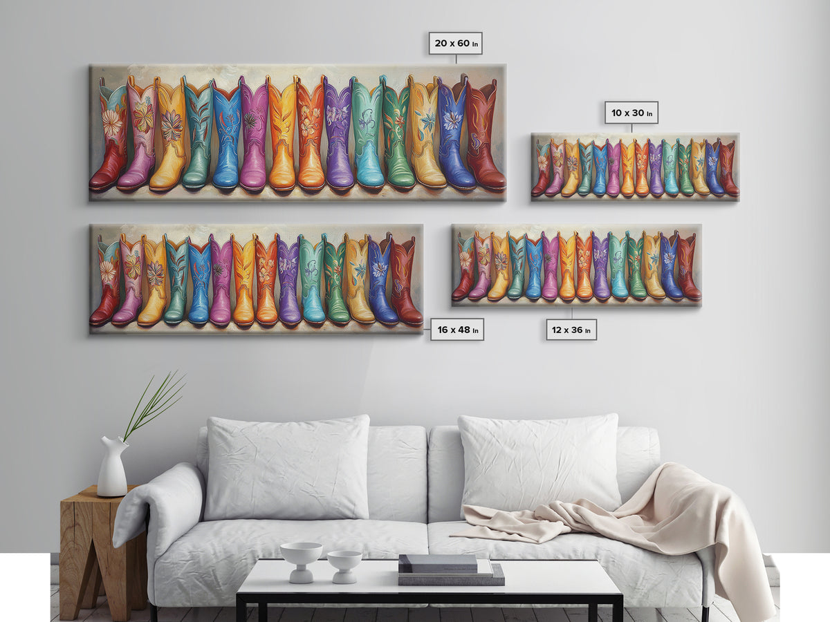Rainbow Embroidered Cowboy Boots Wall Art, Western Decor, Cowgirl Gift, Rustic Farmhouse Decor, Long Horizontal Art Print