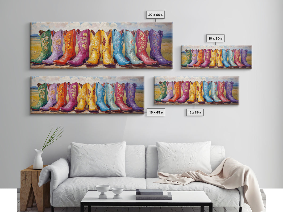 Colorful Cowboy Boots In Prairie Landscape Wall Art, Western Cowgirl Decor, Rustic Farmhouse Canvas Print, Above Sofa Art