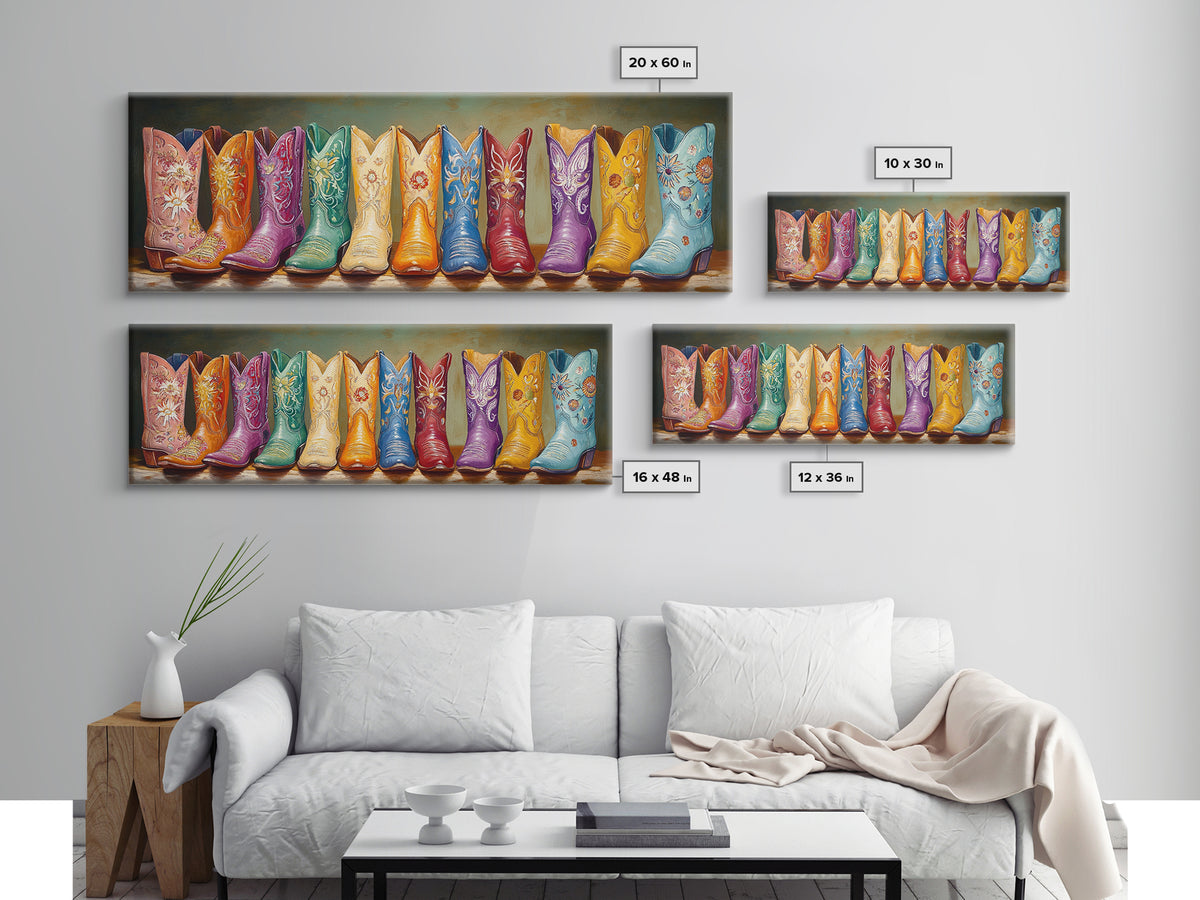 Vibrant Embroidered Cowboy Boots Wall Art, Western Cowgirl Decor, Maximalist Canvas Print, Rustic Rodeo Living Room Decor
