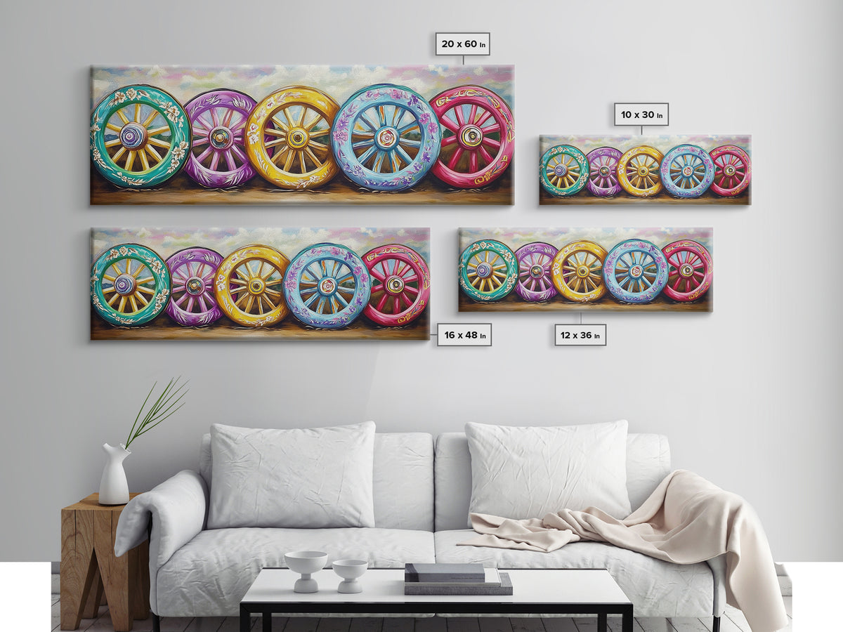 Painted Wagon Wheels Framed Canvas Print, Colorful Western Wall Decor, Rustic Ranch Art, Farmhouse Living Room Gift, Housewarming Gift