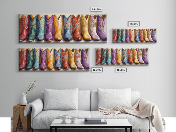 Colorful Embroidered Cowboy Boots Wall Art, Western Cowgirl Decor, Rustic Farmhouse Canvas, Vibrant Entryway Art Print Gift