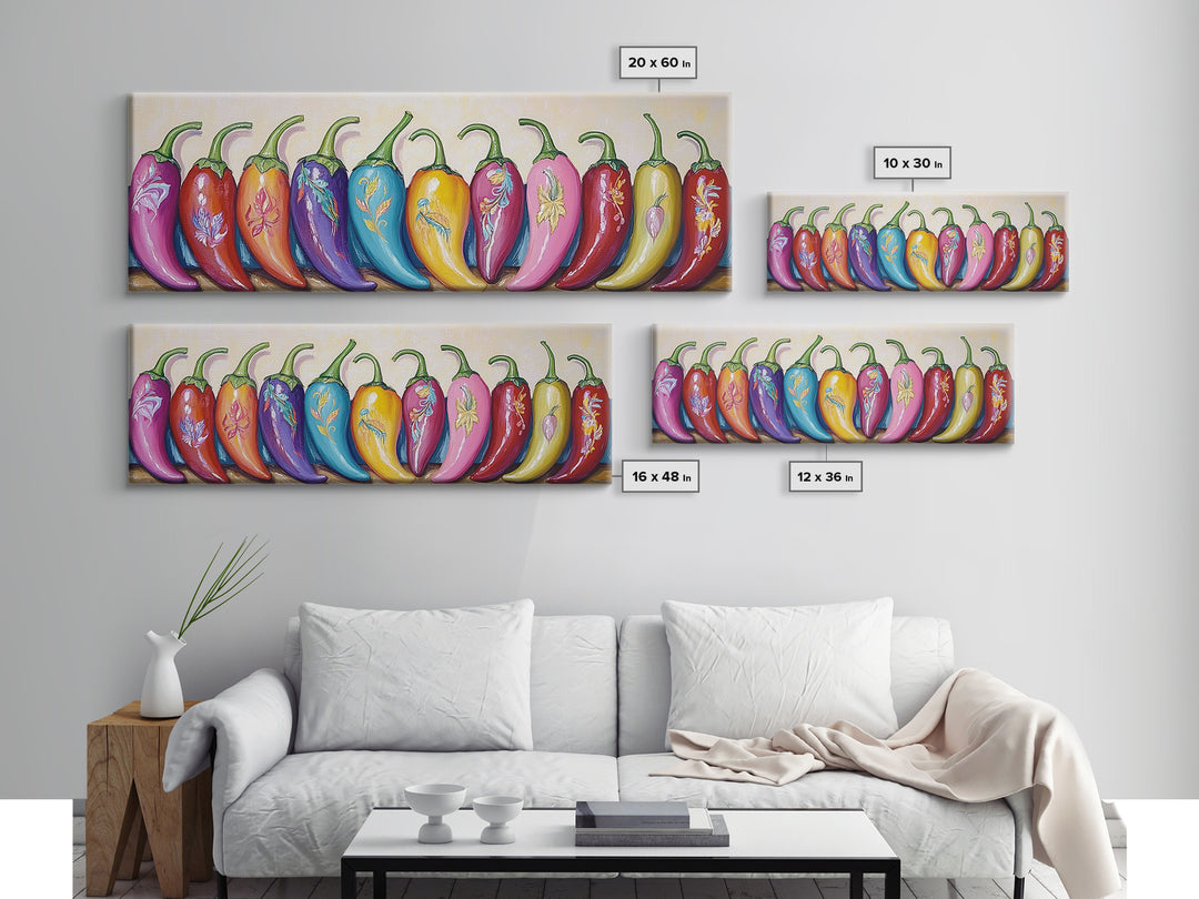 Bright Rainbow Chili Peppers Wall Art, Colorful Kitchen Decor, Southwestern Food Print, Dopamine Dining Room Canvas Gift