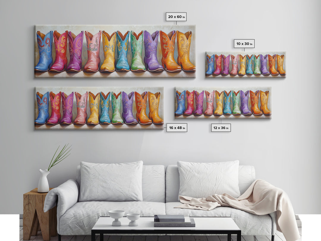 Bright Embroidered Cowboy Boots Canvas Print, Western Wall Art, Cowgirl Home Decor, Colorful Boho Bedroom Housewarming Gift