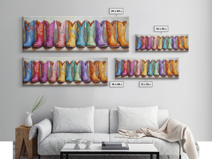 Bright Embroidered Cowboy Boots Canvas Print, Western Wall Art, Cowgirl Home Decor, Colorful Boho Bedroom Housewarming Gift