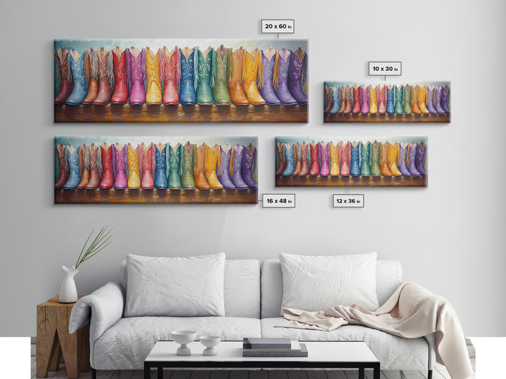 Panoramic Rainbow Cowboy Boots Wall Art, Long Horizontal Canvas Print For Western Decor, Cowgirl Ranch Home Accent Gift Idea