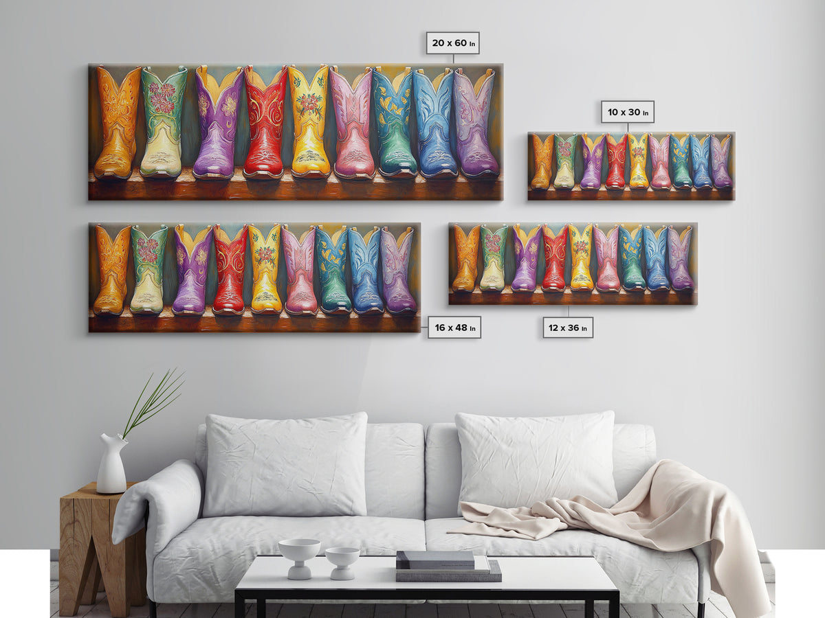 Glossy Embroidered Cowgirl Boots Canvas Print, Colorful Western Wall Art, Rodeo Room Decor, Boho Ranch Housewarming Gift Idea