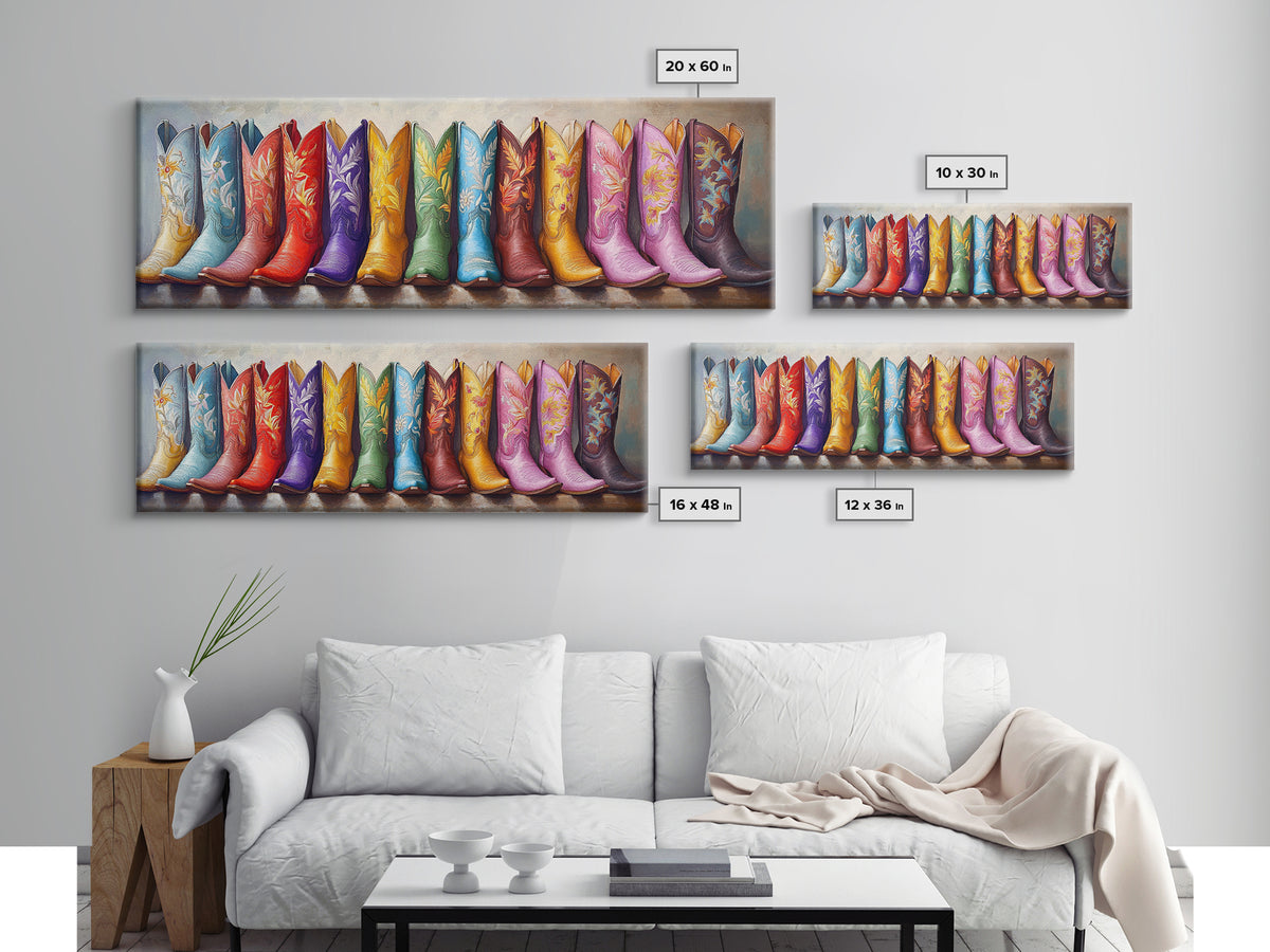 Tall Rainbow Cowboy Boots Wall Art, Western Decor, Colorful Cowgirl Canvas Print, Rustic Farmhouse Living Room Art Gift Idea